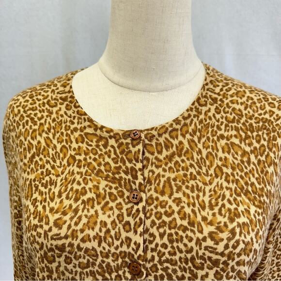 Garnet Hill merino wool leopard print 3/4 sleeve cardigan brown size medium - Picture 6 of 11
